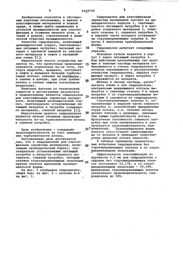 Гидроциклон для классификации зернистых материалов (патент 1022745)