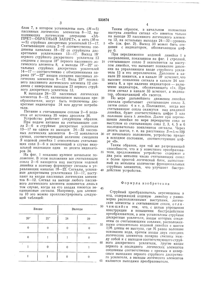 Струйный преобразователь перемещения в код (патент 533874)