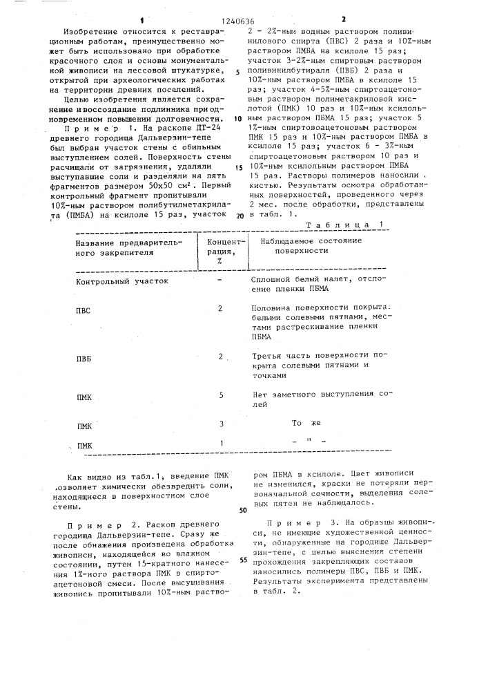 Способ обработки монументальной живописи на лессовой штукатурке (патент 1240636)