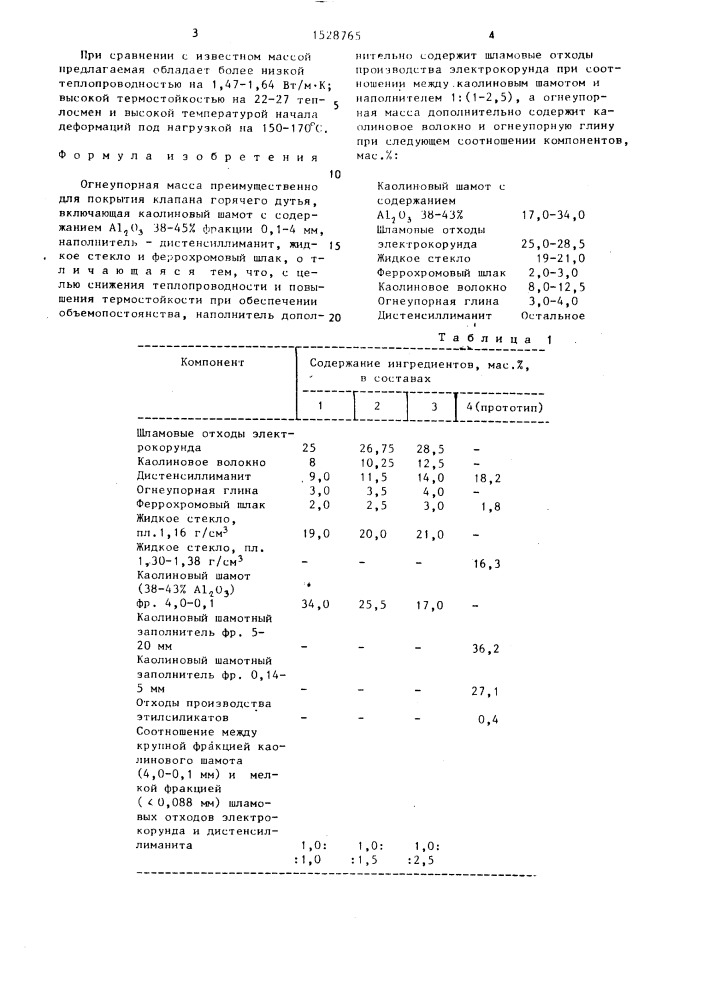 Огнеупорная масса преимущественно для покрытия клапана горячего дутья (патент 1528765)