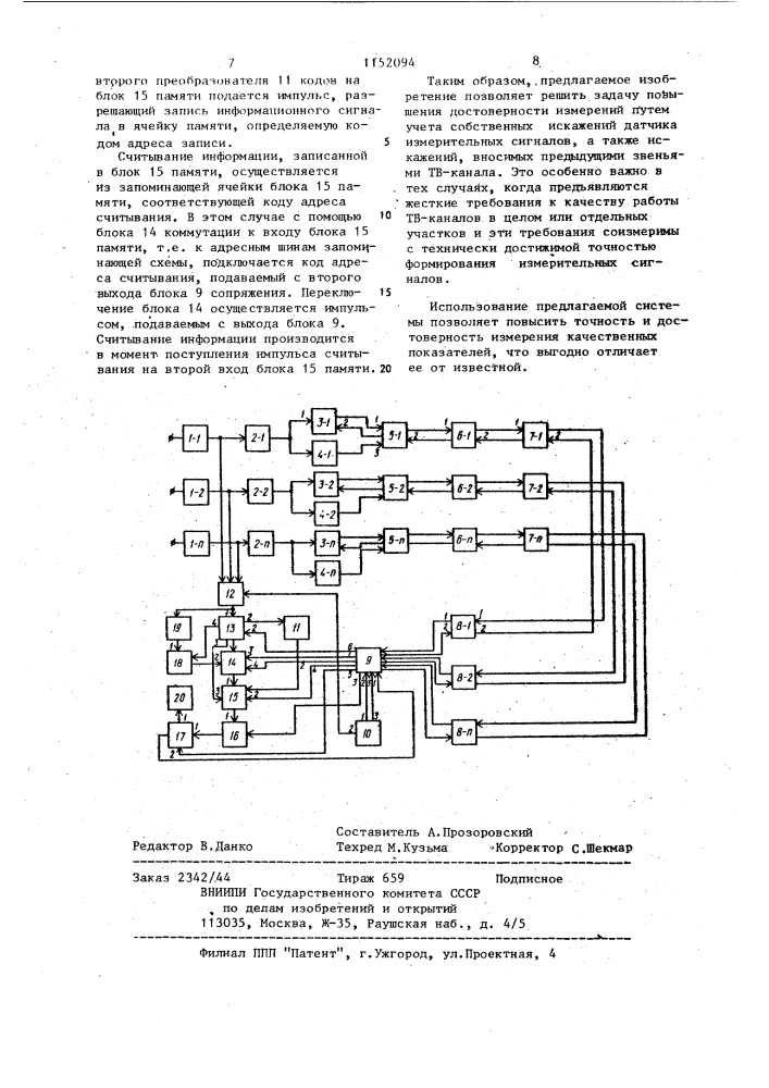 Система централизованных дистанционных измерений качественных показателей магистральных каналов изображения (патент 1152094)