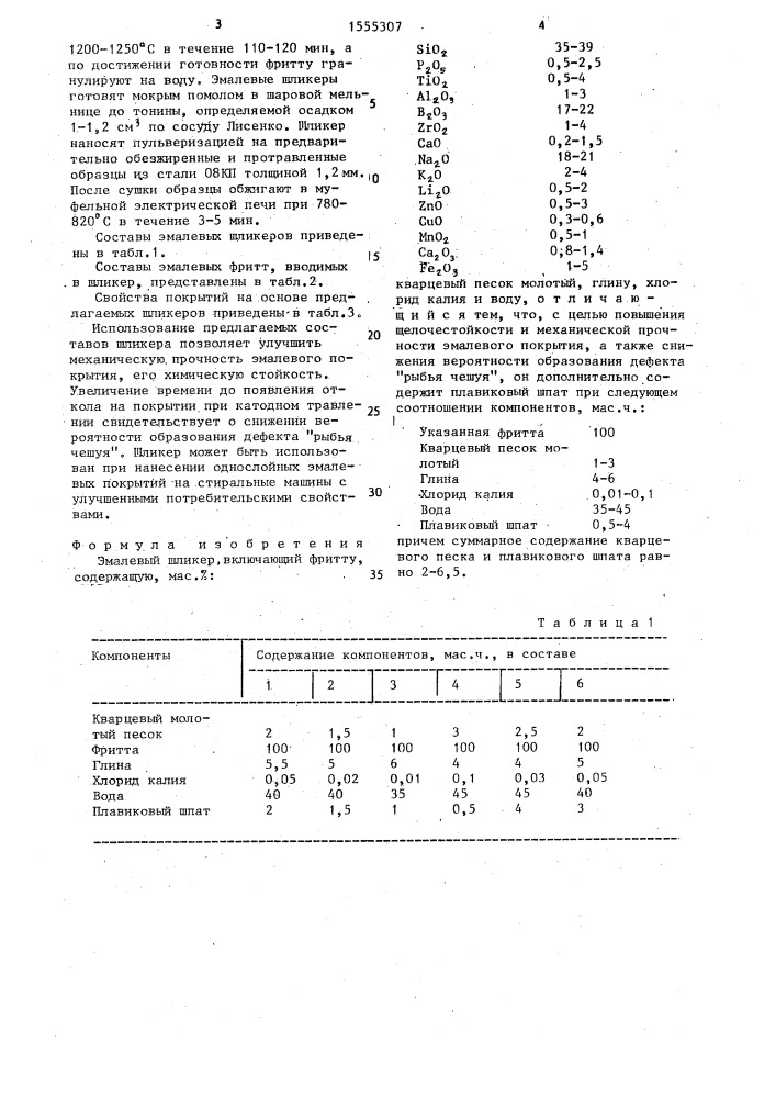 Эмалевый шликер (патент 1555307)