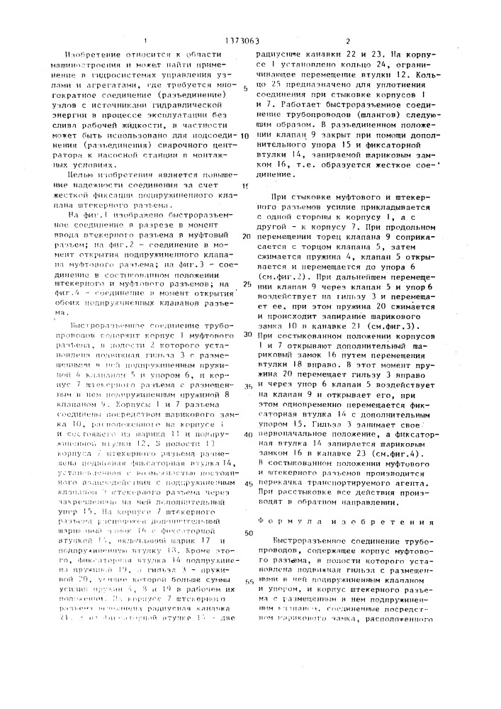 Быстроразъемное соединение трубопроводов (патент 1373063)