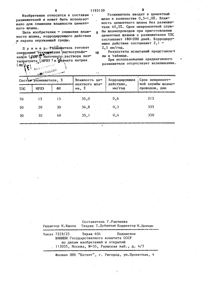 Разжижитель цементного шлама (патент 1193139)