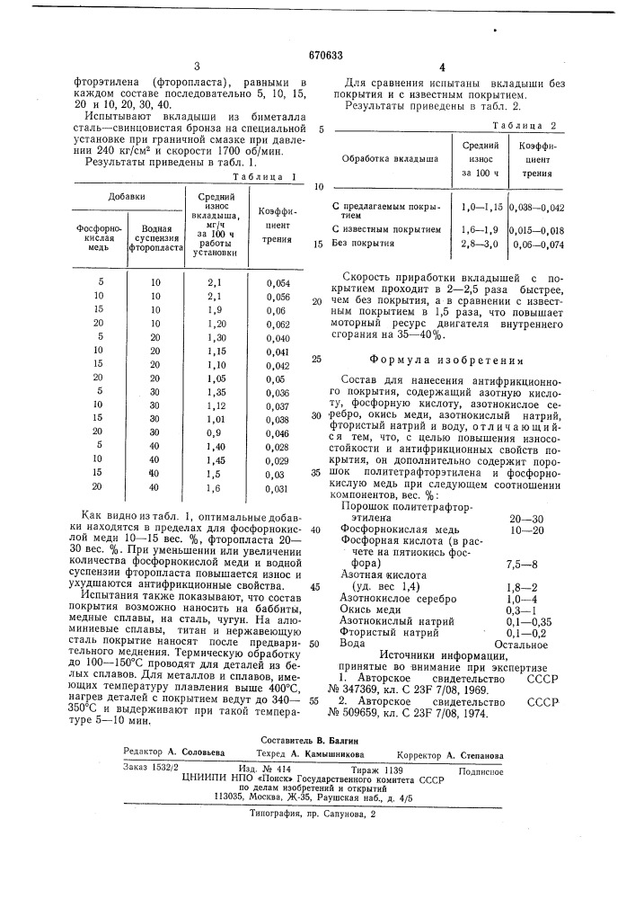 Состав для нанесения антифрикционного покрытия (патент 670633)