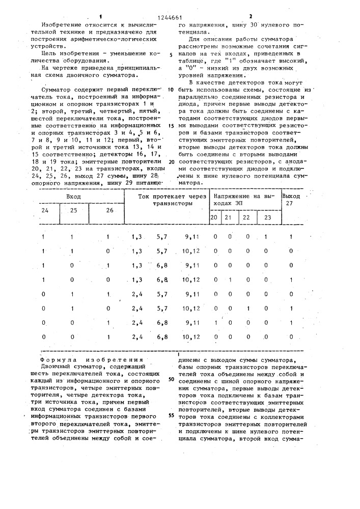 Двоичный сумматор (патент 1244661)