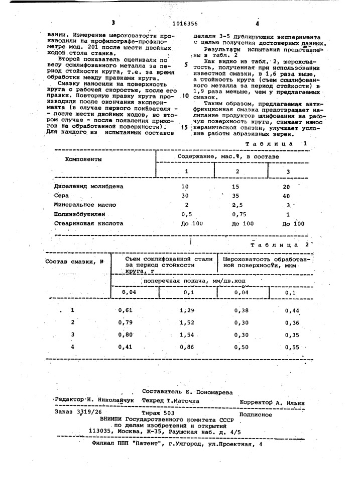 Антифрикционная смазка для абразивной обработки (патент 1016356)