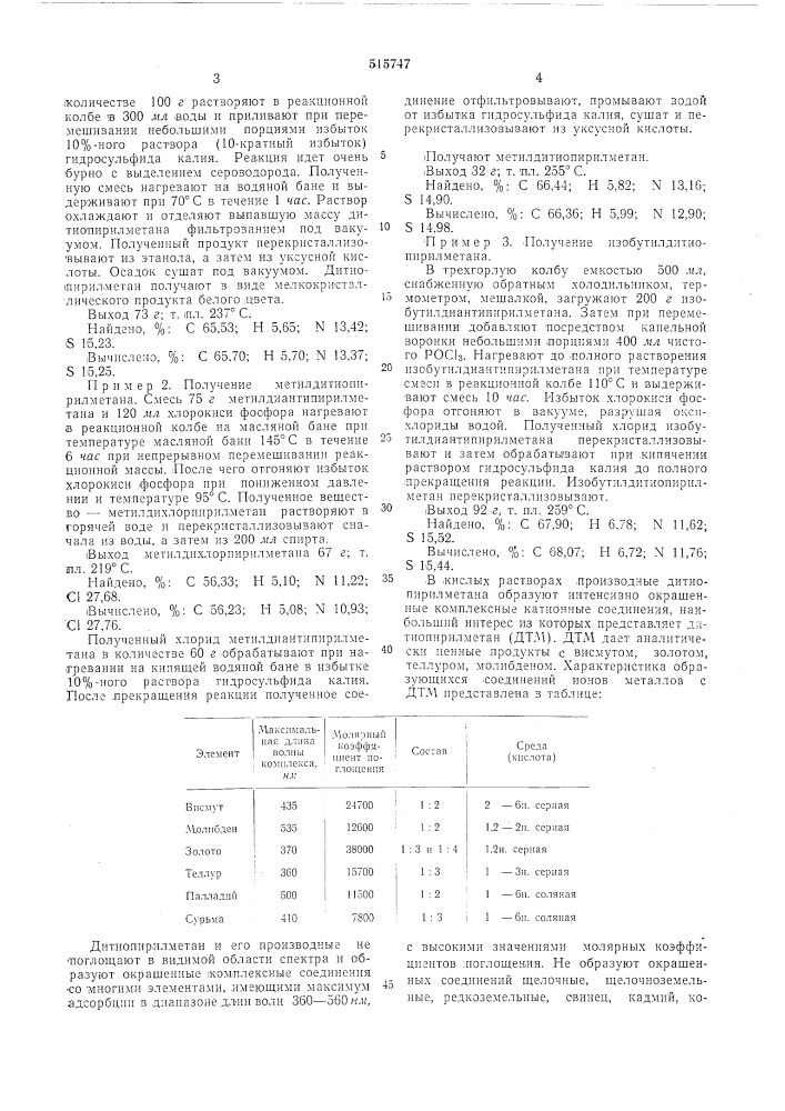 Производные дитиопирилметана, обладающие комплексообразующей способностью к благородным и цветным металлам (патент 515747)