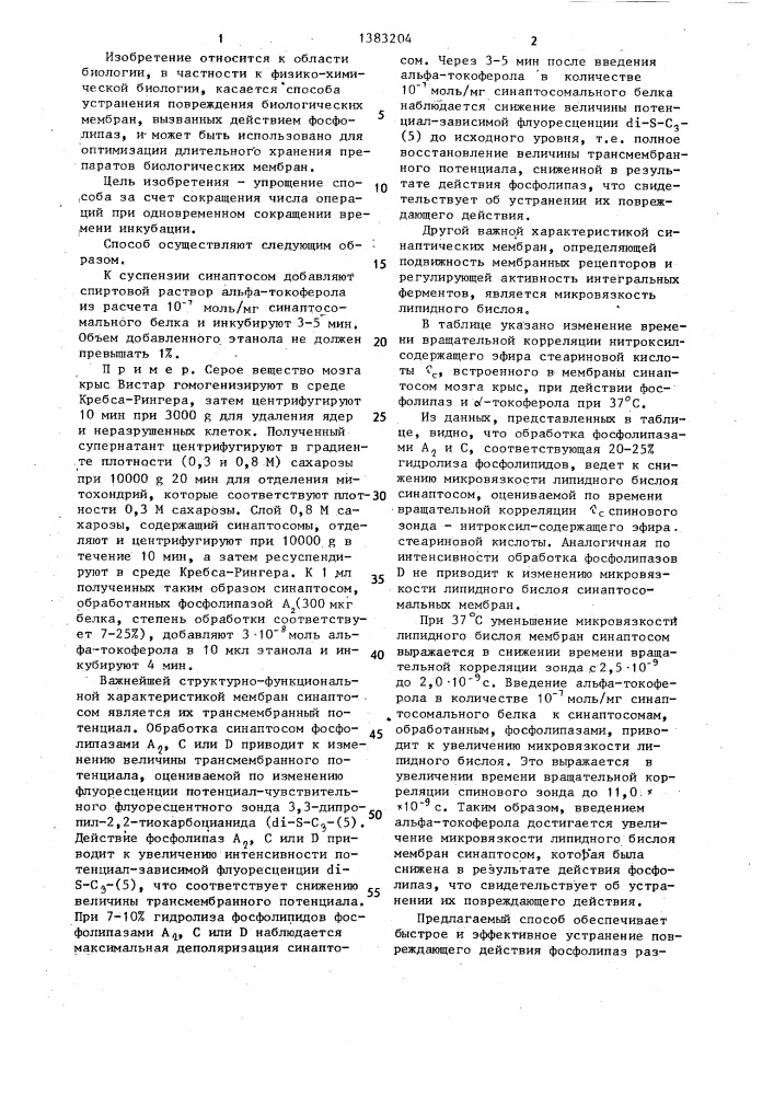 Способ стабилизации синаптосом (патент 1383204)