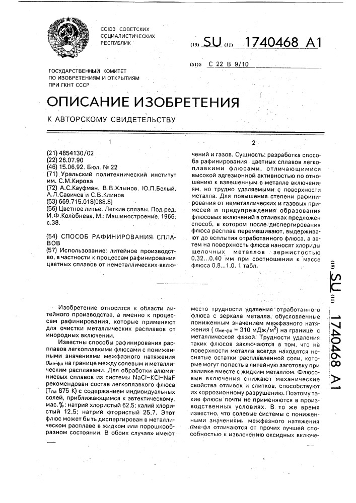 Способ рафинирования сплавов (патент 1740468)