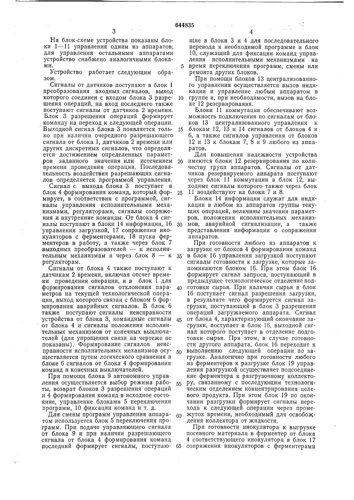 Устройство для автоматического управления группами аппаратов циклического действия (патент 644835)