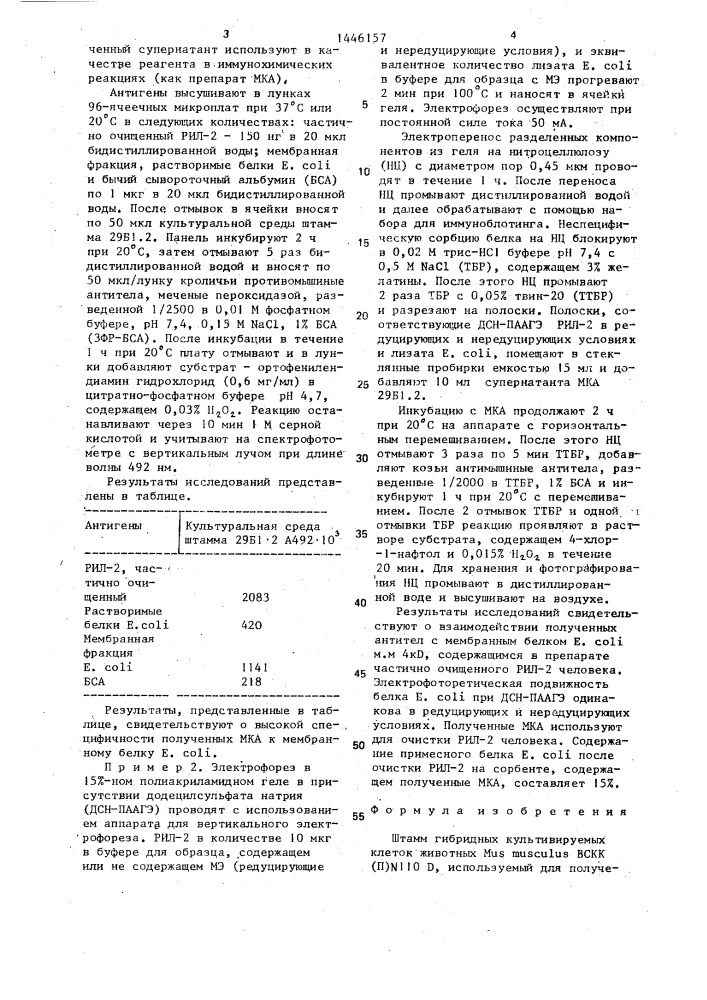 Штамм гибридных культивируемых клеток животных mus мusсulus, используемый для получения моноклональных антител к мембранному белку еsснеriснiа coli в препарате рекомбинантного интерлейкина-2 человека (патент 1446157)