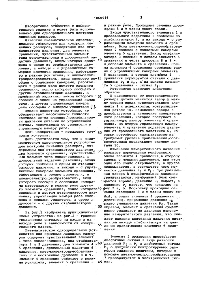 Пневматическое однопредельное устройство для контроля линейных размеров (патент 1060946)