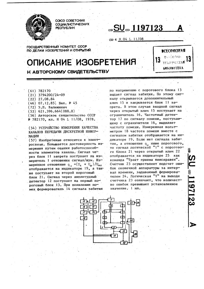 Устройство измерения качества каналов передачи дискретной информации (патент 1197123)