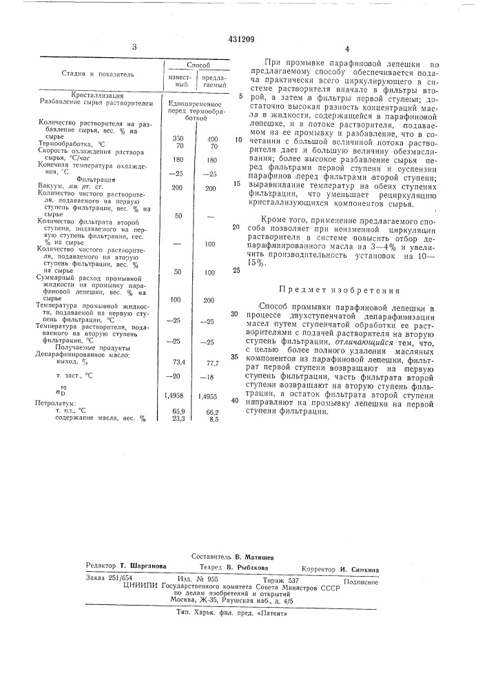 Способ промывки парафиновой лепешки (патент 431209)