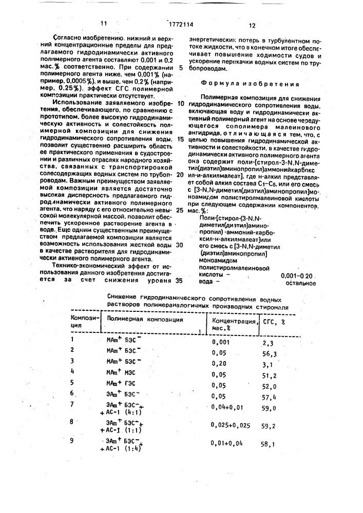 Полимерная композиция для снижения гидродинамического сопротивления воды (патент 1772114)