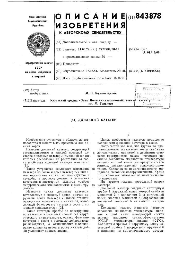Доильный катетер (патент 843878)