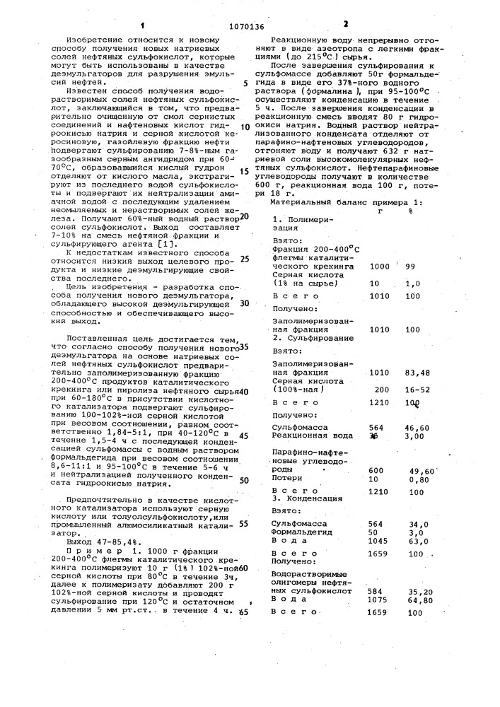 Способ получения натриевых солей нефтяных сульфокислот (патент 1070136)