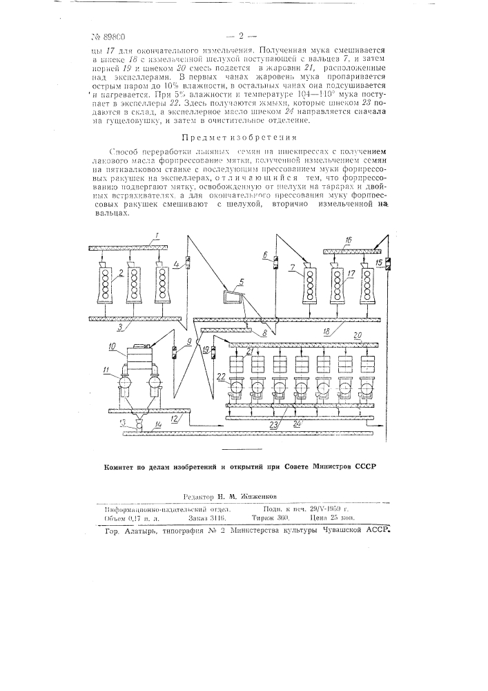 Способ переработки льняных семян на шнекпрессах с получением лакового льняного масла (патент 89800)