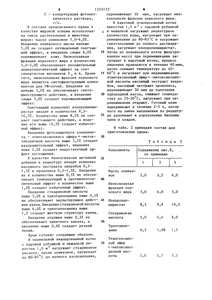 Крем для кожи лица (патент 1255133)