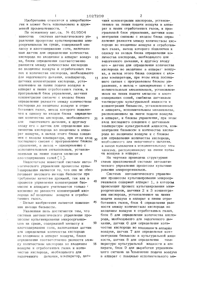 Система автоматического управления процессом культивирования микроорганизмов (патент 1027209)