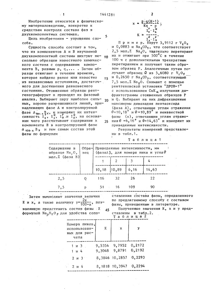 Способ определения равновесного состава фазы а @ в @ в двухкомпонентной системе (патент 1441281)
