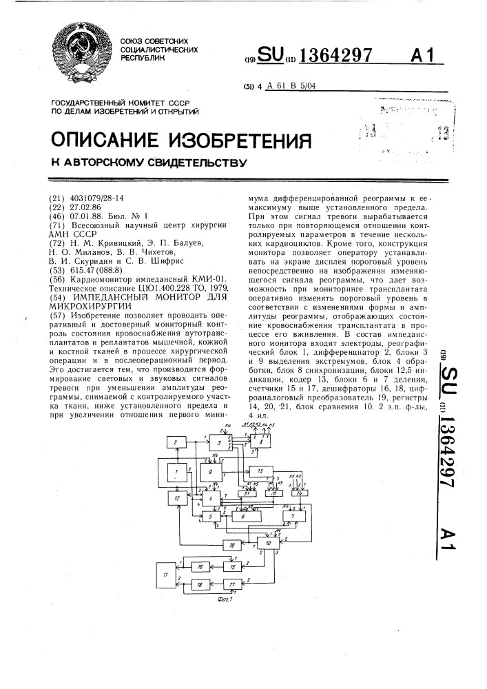 Импедансный монитор для микрохирургии (патент 1364297)