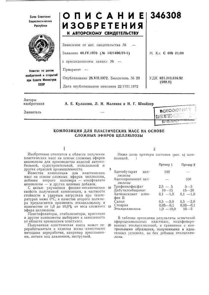 Зиция для пластических масс на основе сложных эфиров целлюлозы (патент 346308)