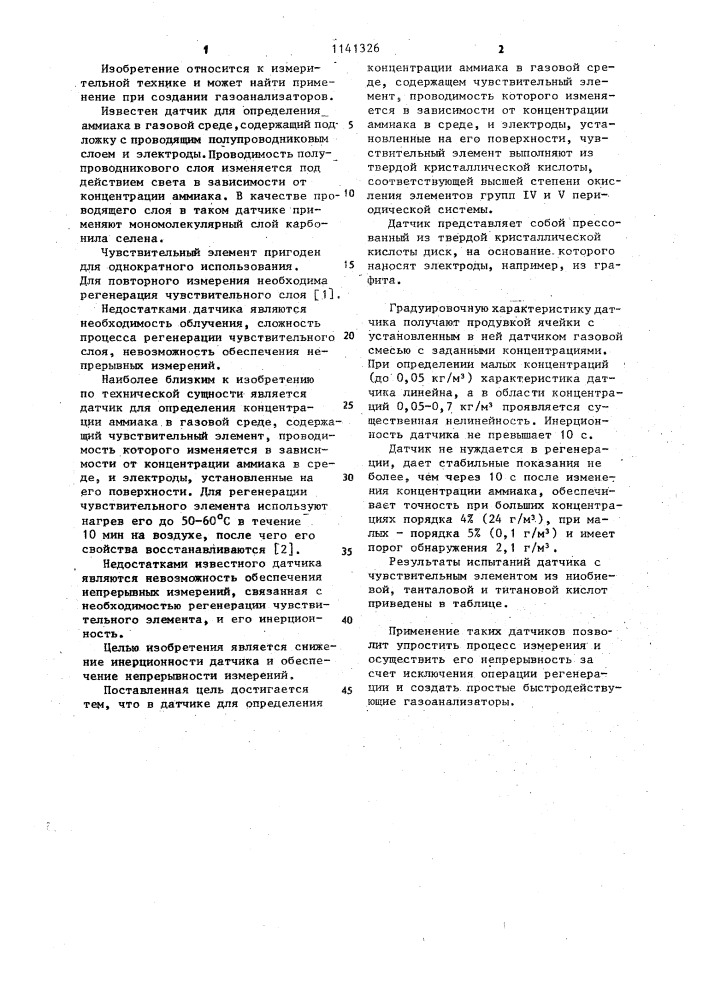 Датчик для определения концентрации аммиака в газовой среде (патент 1141326)