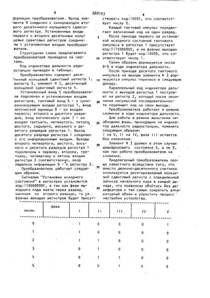 Преобразователь число-импульсного кода в код индикатора дальности (патент 888103)