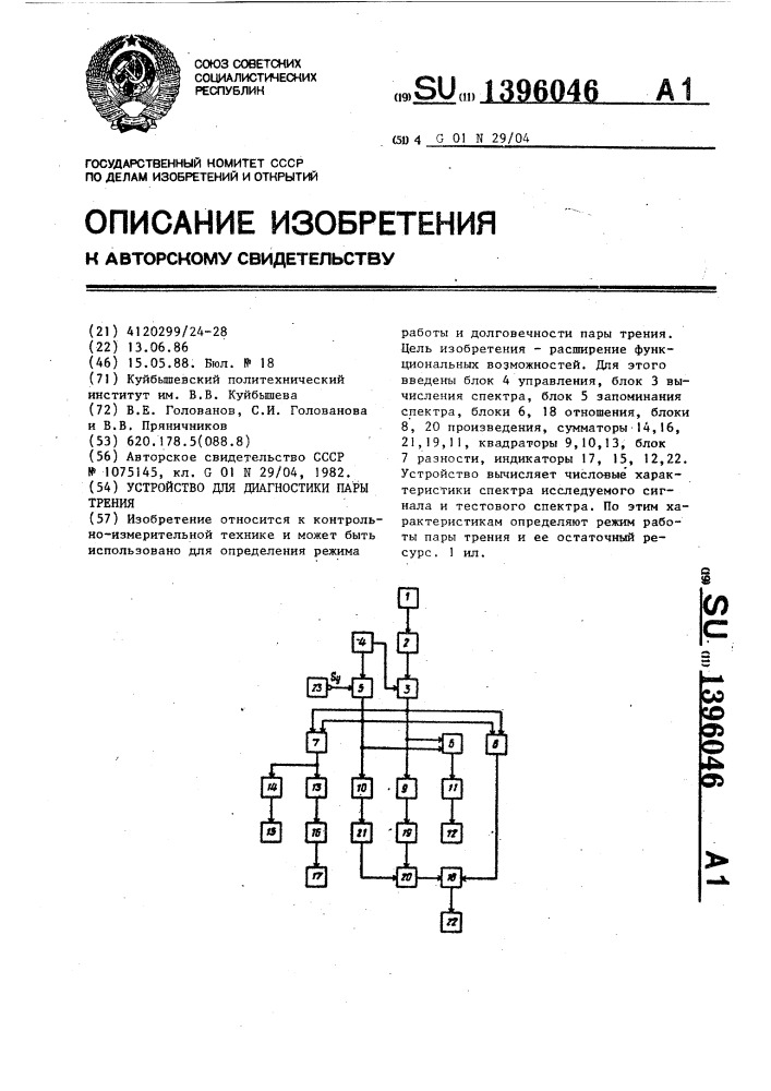 Устройство для диагностики пары трения (патент 1396046)