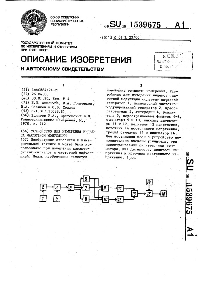 Устройство для измерения индекса частотной модуляции (патент 1539675)