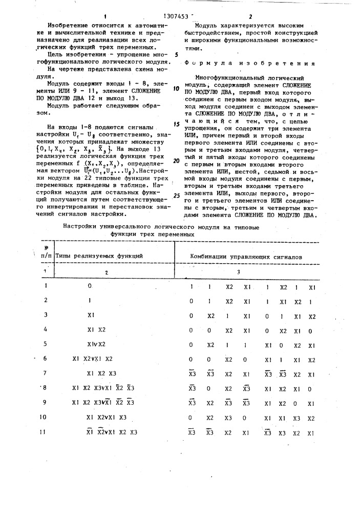 Многофункциональный логический модуль (патент 1307453)