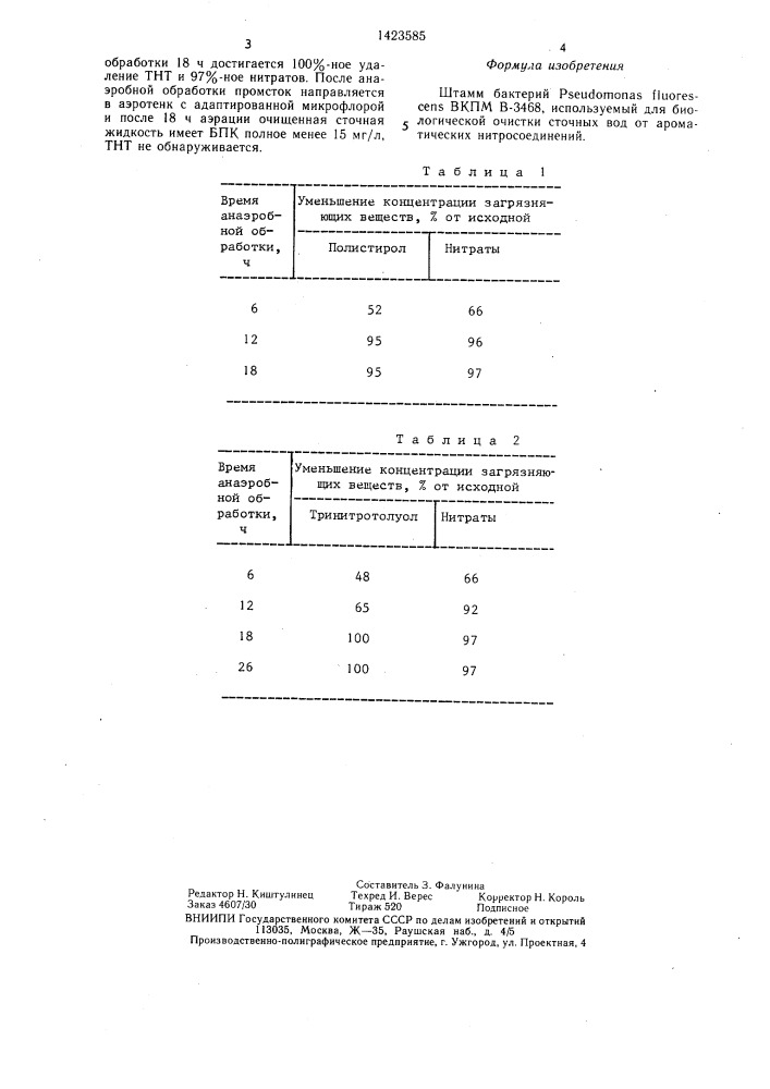 Штамм бактерий рsеudомоnаs fluorescens используемый для биологической очистки сточных вод от ароматических нитросоединений (патент 1423585)