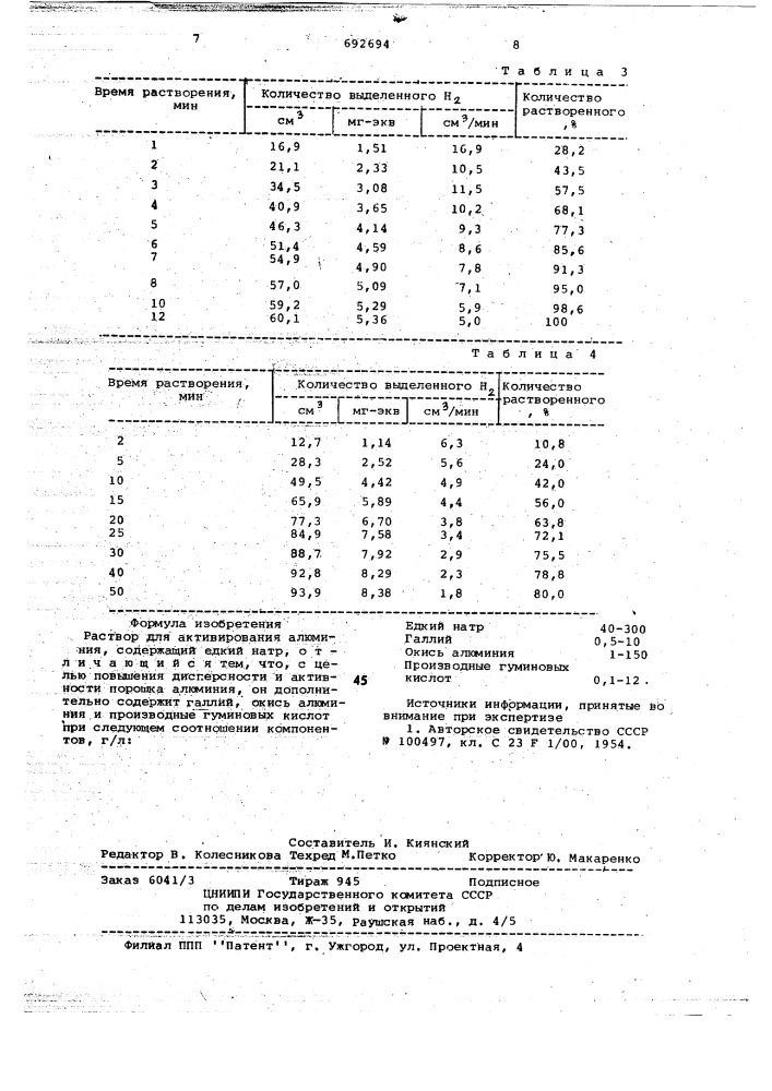 Раствор для активирования алюминия (патент 692694)