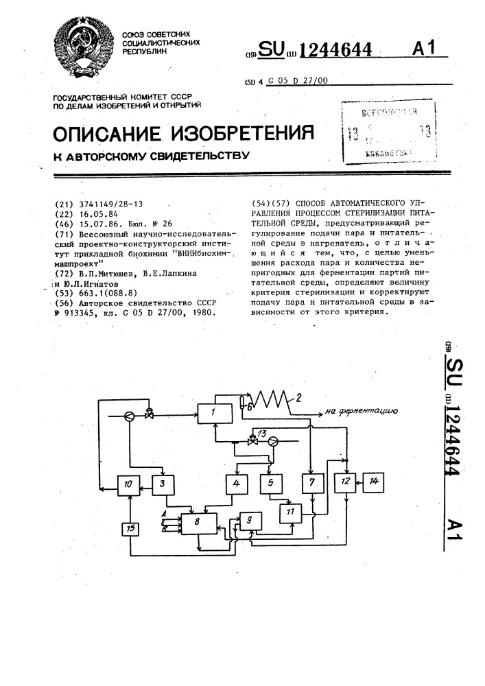 Способ автоматического управления процессом стерилизации питательной среды (патент 1244644)