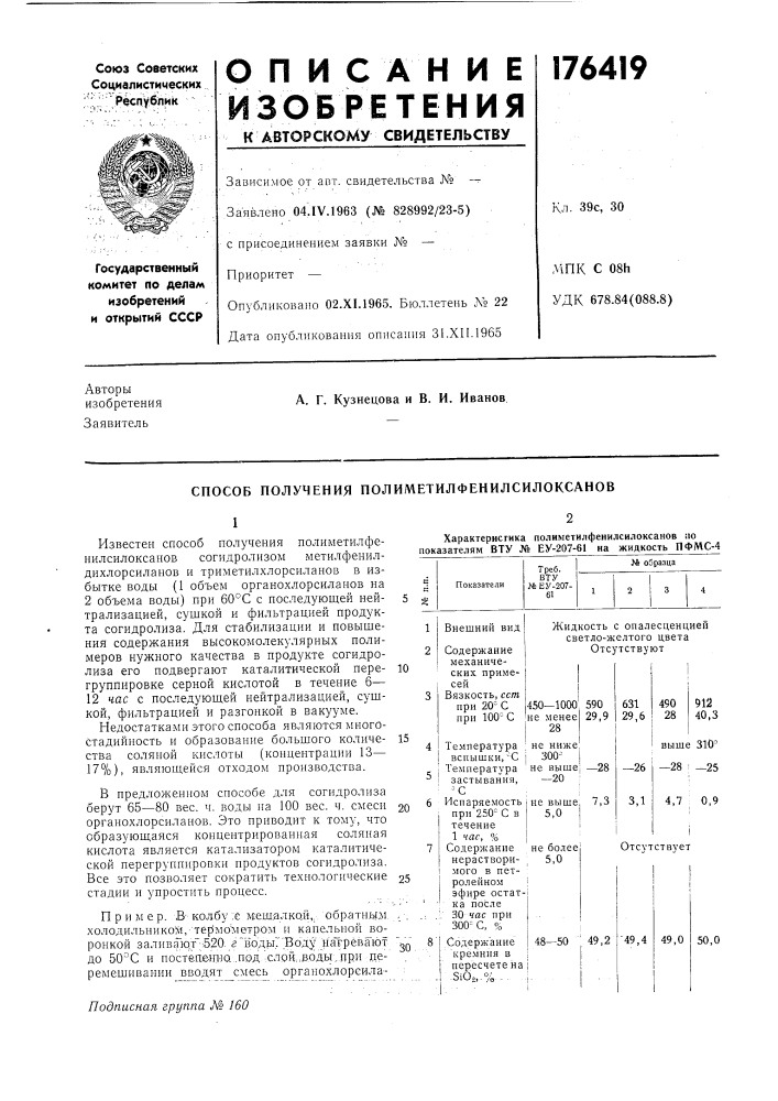 Способ получения полиметилфенилсилоксанов (патент 176419)