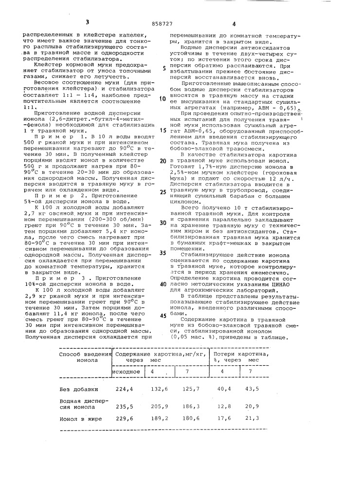 Способ стабилизации каротина в травяной муке (патент 858727)