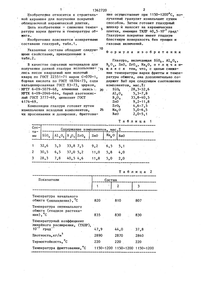 Глазурь (патент 1362720)