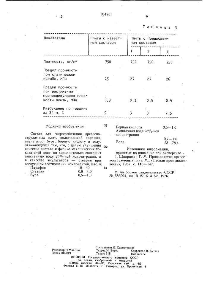 Состав для гидрофобизации древесностружечных плит (патент 961951)