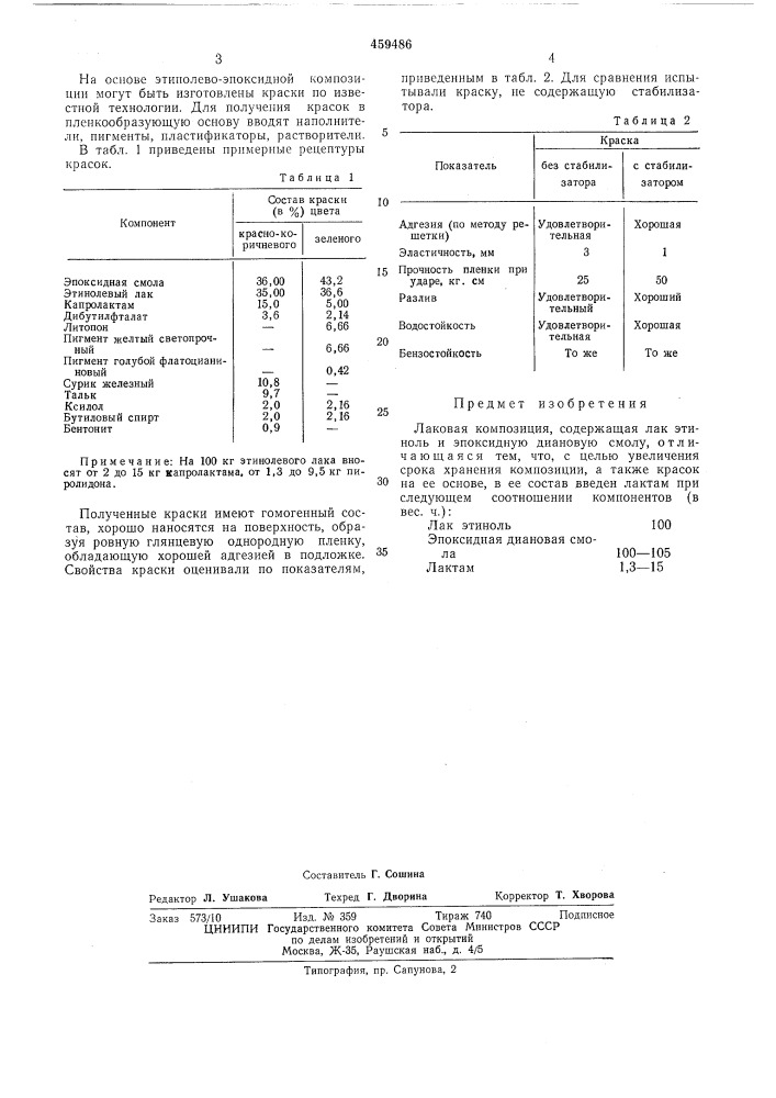 Лаковая композиция (патент 459486)