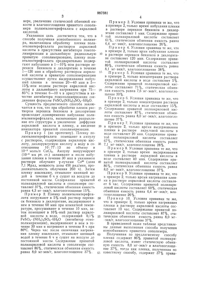 Способ получения ионообменного привитого сополимера (патент 887581)
