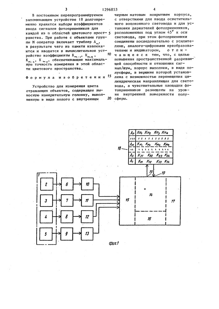 Устройство для измерения цвета отражающих объектов (патент 1296853)