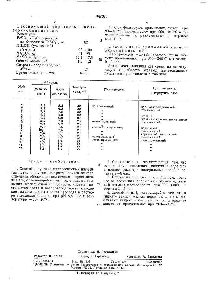 Способ получения железоокисных пигмен1|ов (патент 342875)