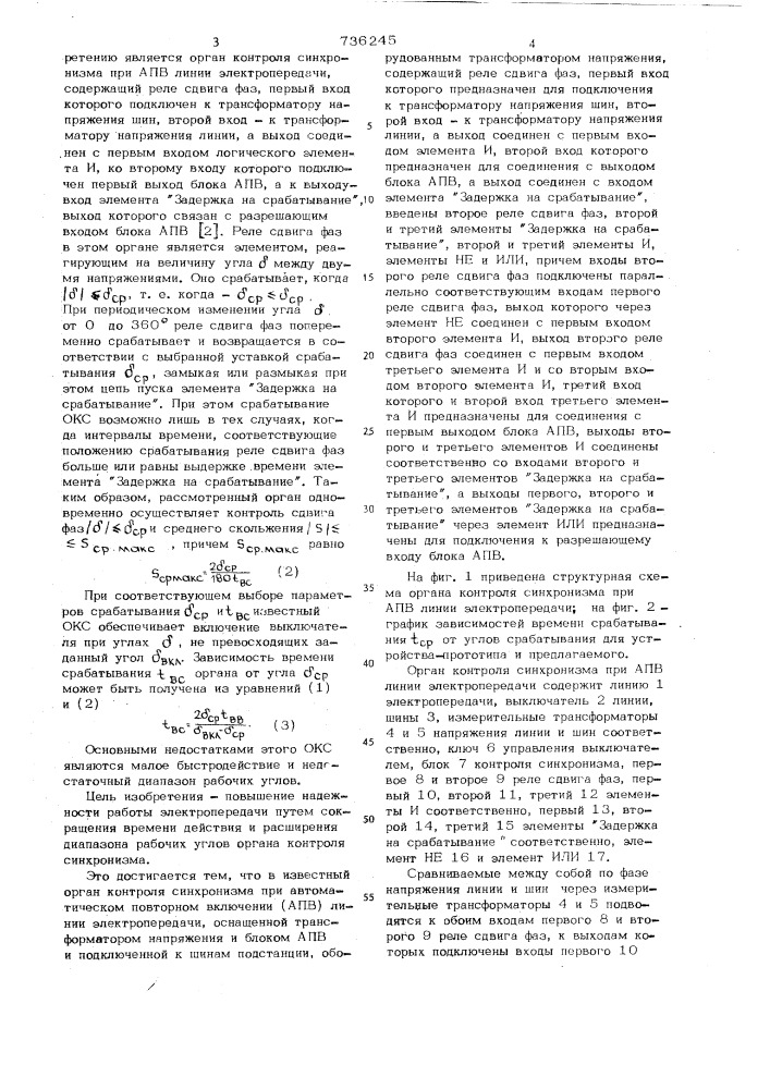 Орган контроля синхронизма при автоматическом повторном включении(апв) линии электропередачи (патент 736245)