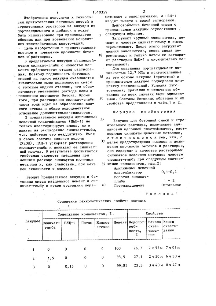 Вяжущее для бетонной смеси и строительного раствора (патент 1310359)