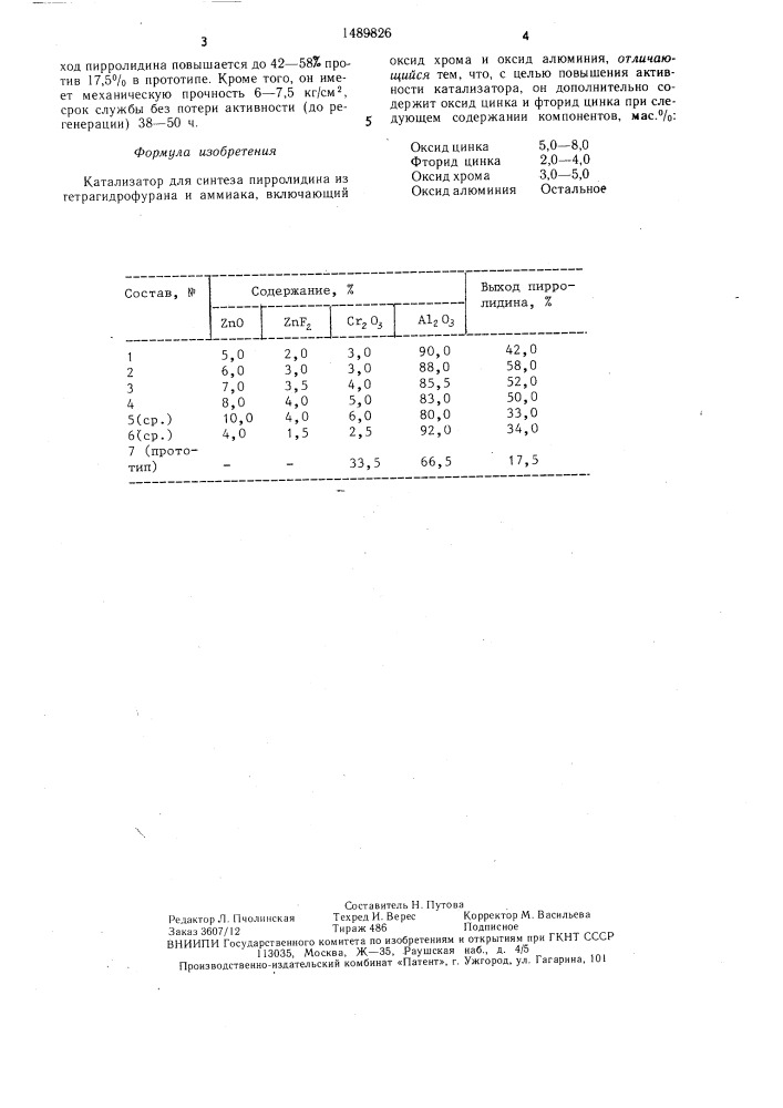 Катализатор для синтеза пирролидина из тетрагидрофурана и аммиака (патент 1489826)