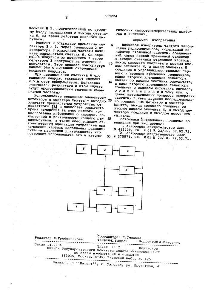 Цифровой измеритель частоты заполнения радиоимпульса (патент 599224)