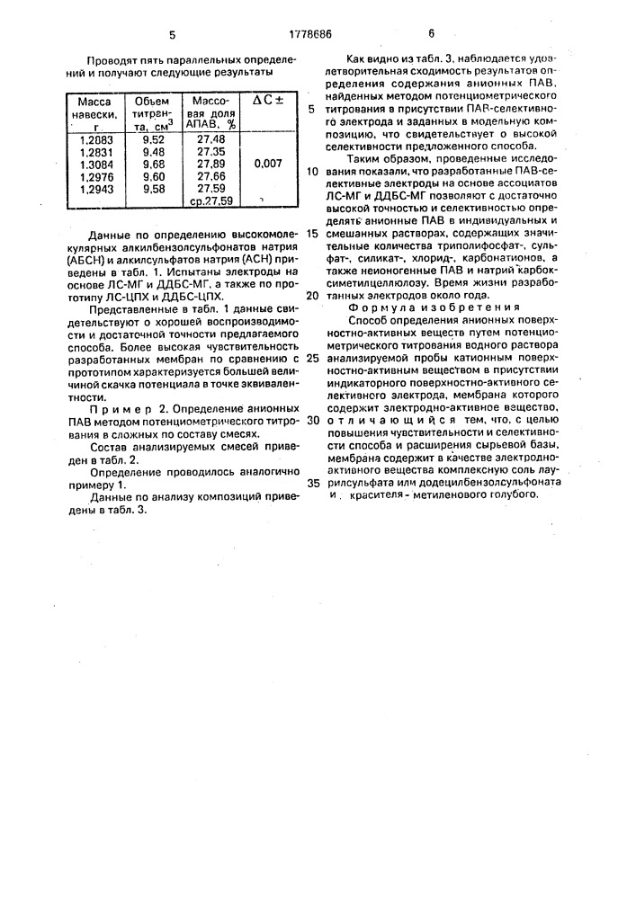 Способ определения анионных поверхностно-активных веществ (патент 1778686)