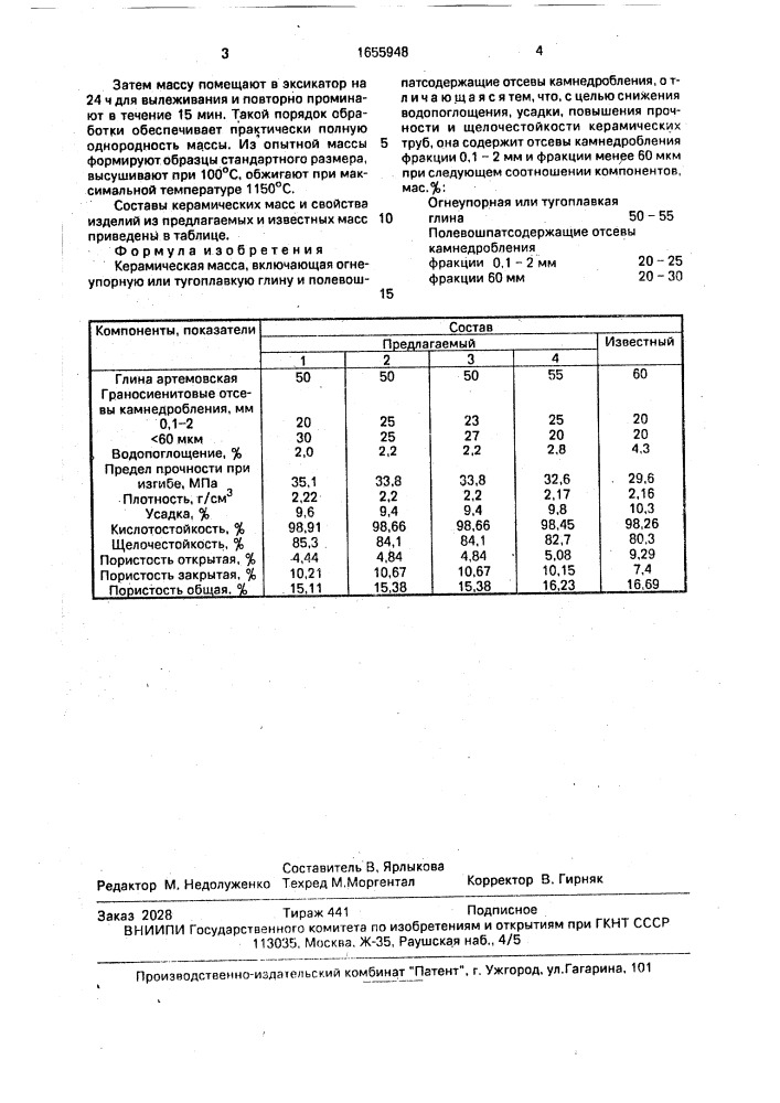 Керамическая масса (патент 1655948)